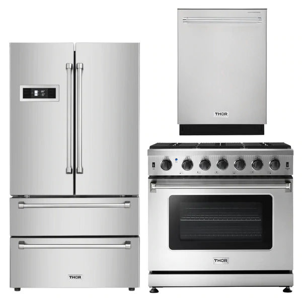 Thor Kitchen Appliance Package - 36 in. Gas Range, Refrigerator, Dishwasher - The Home Selection