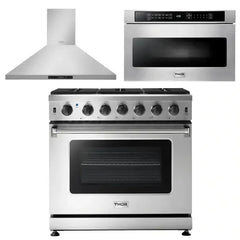 Thor Kitchen Appliance Package - 36 in. Natural Gas Range, Range Hood, Microwave Drawer - The Home Selection