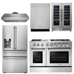 Thor Kitchen Appliance Package - 48 In. Dual Fuel Range, Range Hood, Refrigerator with Water and Ice Dispenser, Dishwasher, Wine Cooler - The Home Selection