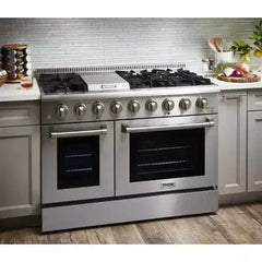 Thor Kitchen Appliance Package - 48 In. Propane Gas Burner, Electric Oven Range, Range Hood, Refrigerator with Water and Ice Dispenser, Dishwasher - The Home Selection