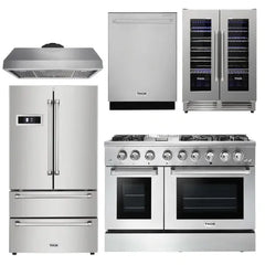 Thor Kitchen Appliance Package - 48 inch Dual Fuel Range, Range Hood, Refrigerator, Dishwasher, Wine Cooler - The Home Selection