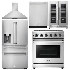 Thor Kitchen Package - 30 in. Gas Range, Range Hood, Refrigerator with Water and Ice Dispenser, Dishwasher, Wine Cooler - The Home Selection
