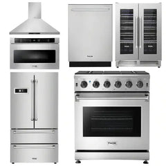 Thor Kitchen Package - 30 in. Natural Gas Range, Range Hood, Microwave Drawer, Refrigerator, Dishwasher, Wine Cooler - The Home Selection