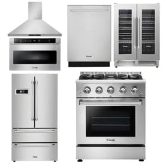Thor Kitchen Package - 30 in. Professional Propane Gas Range, Range Hood, Microwave Drawer, Refrigerator, Dishwasher & Wine Cooler - The Home Selection