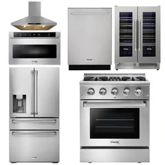 Thor Kitchen Package - 30 In. Propane Gas Burner/Electric Oven Range, Range Hood, Microwave Drawer, Refrigerator, Dishwasher, Wine Cooler - The Home Selection