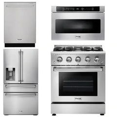 Thor Kitchen Package - 30 In. Propane Gas Range, Microwave Drawer, Refrigerator with Water and Ice Dispenser, Dishwasher - The Home Selection