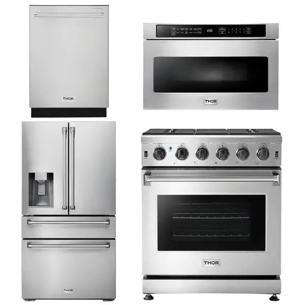 Thor Kitchen Package - 30 in. Propane Gas Range, Microwave Drawer, Refrigerator with Water and Ice Dispenser, Dishwasher - The Home Selection