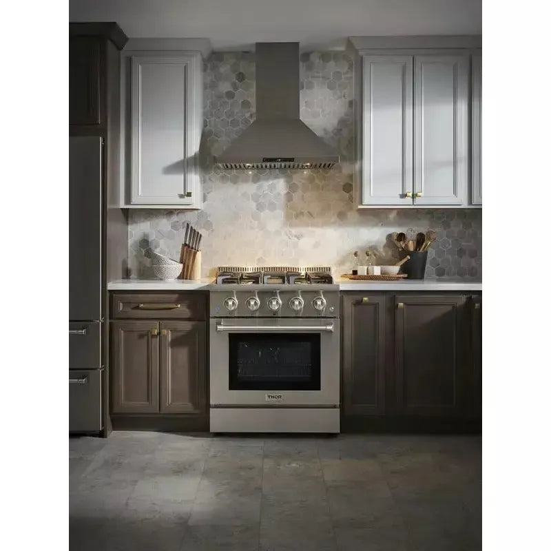 Thor Kitchen Package - 30 in. Propane Gas Range, Range Hood, Microwave Drawer, Refrigerator, Dishwasher - The Home Selection