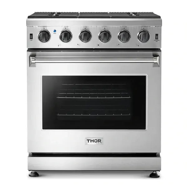 Thor Kitchen Package - 30 in. Propane Gas Range, Range Hood, Refrigerator with Water and Ice Dispenser, Dishwasher - The Home Selection