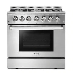 Thor Kitchen Package - 36 In. Gas Burner/Electric Oven Range, Range Hood, Microwave Drawer, Refrigerator with Water and Ice Dispenser, Dishwasher - The Home Selection
