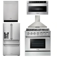 Thor Kitchen Package - 36 In. Gas Range, Range Hood, Microwave Drawer, Refrigerator with Water and Ice Dispenser, Dishwasher - The Home Selection
