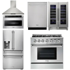 Thor Kitchen Package - 36 In. Gas Range, Range Hood, Microwave Drawer, Refrigerator with Water and Ice Dispenser, Dishwasher, Wine Cooler - The Home Selection
