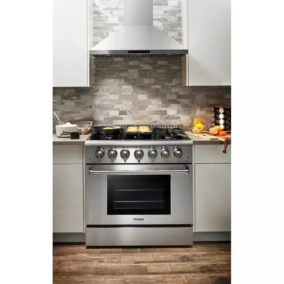 Thor Kitchen Package - 36 In. Gas Range, Range Hood, Refrigerator with Water and Ice Dispenser, Dishwasher - The Home Selection