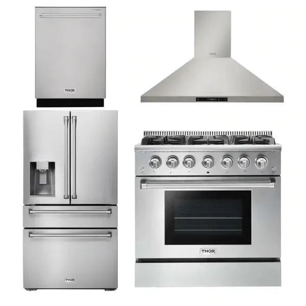 Thor Kitchen Package - 36 In. Gas Range, Range Hood, Refrigerator with Water and Ice Dispenser, Dishwasher - The Home Selection