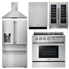 Thor Kitchen Package - 36 in. Gas Range, Range Hood, Refrigerator with Water and Ice Dispenser, Dishwasher, Wine Cooler - The Home Selection