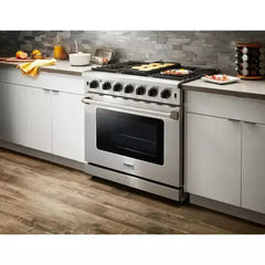 Thor Kitchen Package - 36 in. Natural Gas Range, Microwave Drawer, Refrigerator with Water and Ice Dispenser, Dishwasher - The Home Selection