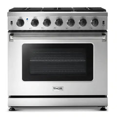 Thor Kitchen Package - 36 in. Natural Gas Range, Range Hood, Microwave Drawer, Refrigerator, Dishwasher, Wine Cooler - The Home Selection