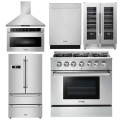 Thor Kitchen Package - 36 in. Natural Gas Range, Range Hood, Microwave Drawer, Refrigerator, Dishwasher, Wine Cooler - The Home Selection