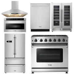 Thor Kitchen Package - 36 in. Natural Gas Range, Range Hood, Microwave Drawer, Refrigerator, Dishwasher, Wine Cooler - The Home Selection