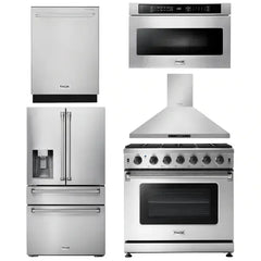 Thor Kitchen Package - 36 in. Natural Gas Range, Range Hood, Microwave Drawer, Refrigerator with Water and Ice Dispenser, Dishwasher - The Home Selection