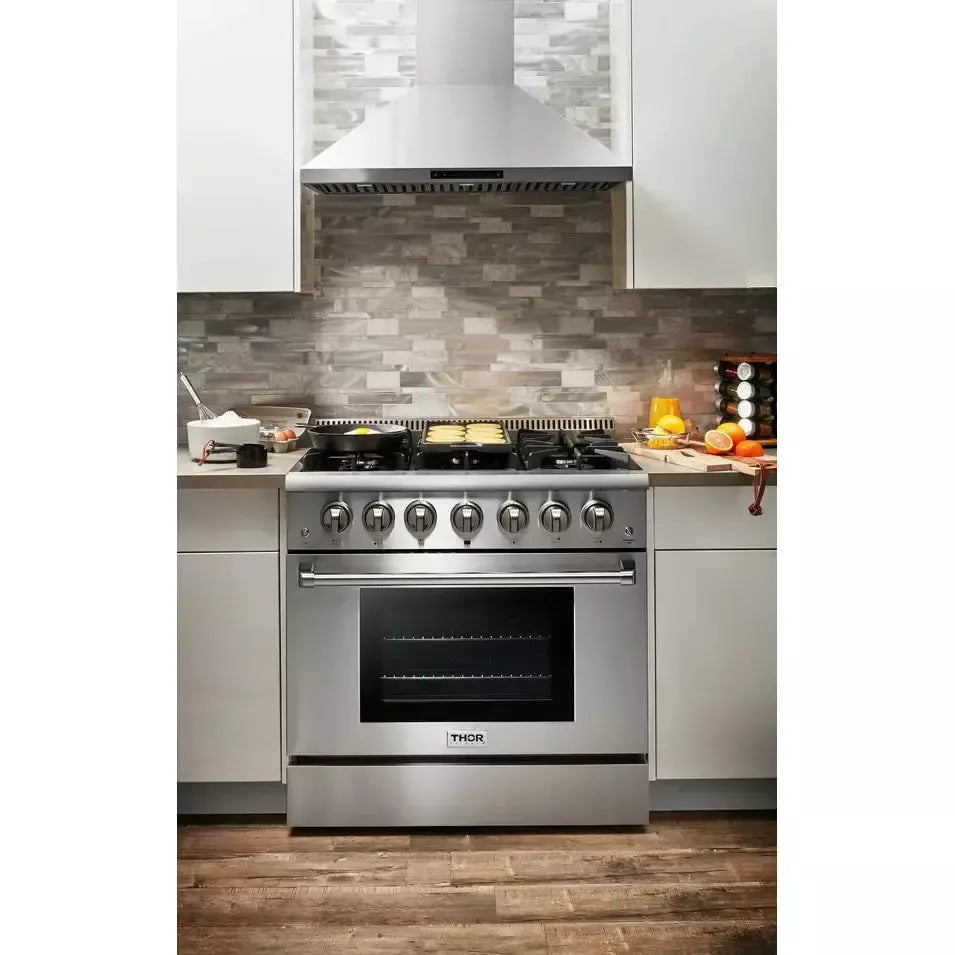 Thor Kitchen Package - 36 in. Natural Gas Range, Range Hood, Refrigerator, Dishwasher & Wine Cooler - The Home Selection