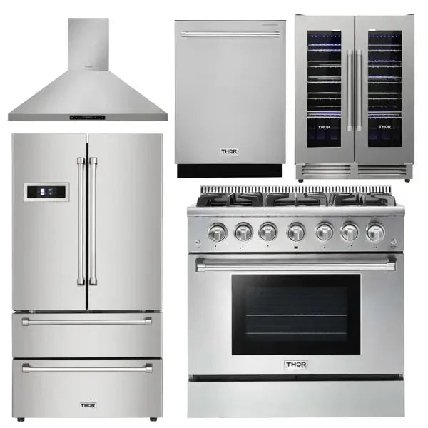 Thor Kitchen Package - 36 in. Natural Gas Range, Range Hood, Refrigerator, Dishwasher & Wine Cooler - The Home Selection