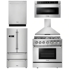 Thor Kitchen Package - 36 in. Propane Gas Burner/Electric Oven Range, Range Hood, Microwave Drawer, Refrigerator, Dishwasher - The Home Selection