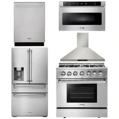 Thor Kitchen Package - 36 in. Propane Gas Burner/Electric Oven Range, Range Hood, Microwave Drawer, Refrigerator with Water and Ice Dispenser, Dishwasher - The Home Selection