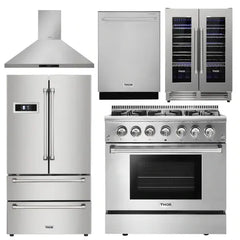 Thor Kitchen Package - 36 in. Propane Gas Burner/Electric Oven Range, Range Hood, Refrigerator, Dishwasher, Wine Cooler - The Home Selection