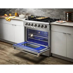 Thor Kitchen Package - 36 In. Propane Gas Burner/Electric Oven Range, Range Hood, Refrigerator with Water and Ice Dispenser, Dishwasher, Wine Cooler - The Home Selection