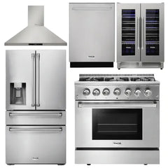 Thor Kitchen Package - 36 In. Propane Gas Burner/Electric Oven Range, Range Hood, Refrigerator with Water and Ice Dispenser, Dishwasher, Wine Cooler - The Home Selection