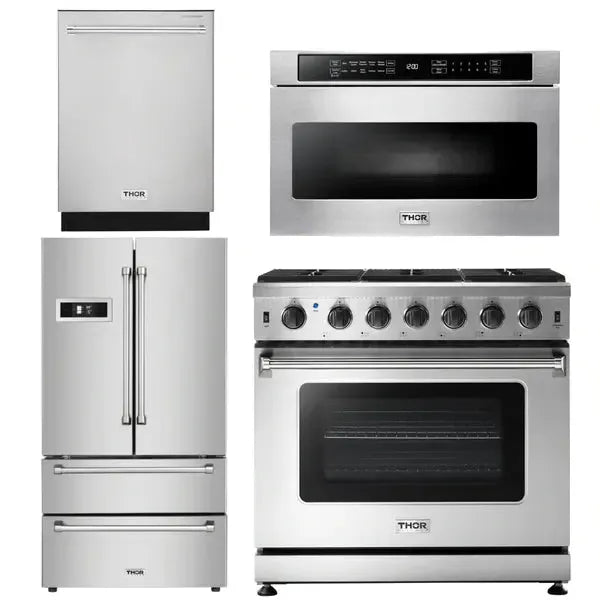 Thor Kitchen Package - 36 in. Propane Gas Range, Microwave Drawer, Refrigerator, Dishwasher - The Home Selection