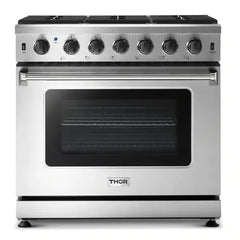Thor Kitchen Package - 36 in. Propane Gas Range, Microwave Drawer, Refrigerator with Water and Ice Dispenser, Dishwasher - The Home Selection