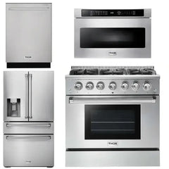 Thor Kitchen Package - 36 in. Propane Gas Range, Microwave Drawer, Refrigerator with Water and Ice Dispenser, Dishwasher - The Home Selection