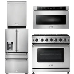 Thor Kitchen Package - 36 in. Propane Gas Range, Microwave Drawer, Refrigerator with Water and Ice Dispenser, Dishwasher - The Home Selection
