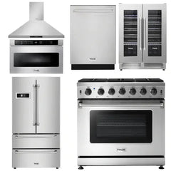 Thor Kitchen Package - 36 in. Propane Gas Range, Range Hood, Microwave Drawer, Refrigerator, Dishwasher, Wine Cooler - The Home Selection