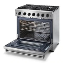 Thor Kitchen Package - 36 in. Propane Gas Range, Range Hood, Microwave Drawer, Refrigerator with Fridge and Ice Maker, Dishwasher, Wine Cooler - The Home Selection