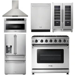 Thor Kitchen Package - 36 in. Propane Gas Range, Range Hood, Microwave Drawer, Refrigerator with Fridge and Ice Maker, Dishwasher, Wine Cooler - The Home Selection