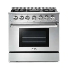 Thor Kitchen Package - 36 in. Propane Gas Range, Range Hood, Microwave Drawer, Refrigerator with Water and Ice Dispenser, Dishwasher - The Home Selection