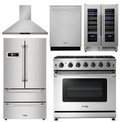 Thor Kitchen Package - 36 in. Propane Gas Range, Range Hood, Refrigerator, Dishwasher, Wine Cooler - The Home Selection
