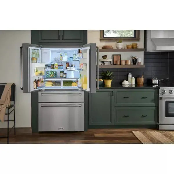 Thor Kitchen Package - 36 in. Propane Gas Range, Range Hood, Refrigerator with Water and Ice Dispenser, Dishwasher - The Home Selection