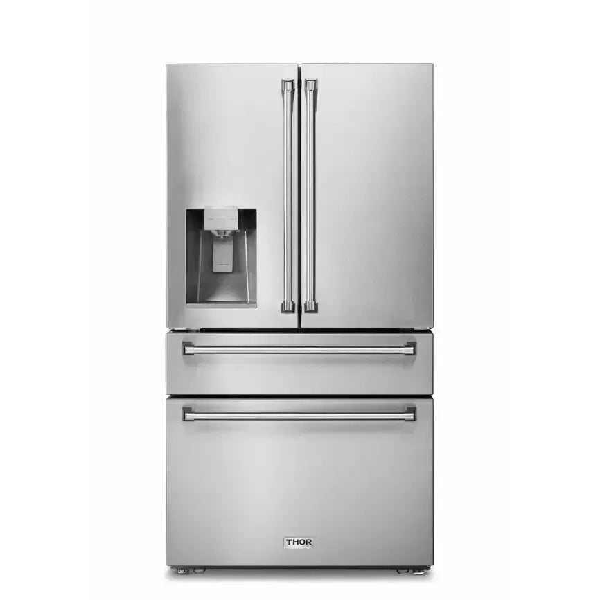 Thor Kitchen Package - 36 in. Propane Gas Range, Range Hood, Refrigerator with Water and Ice Dispenser, Dishwasher - The Home Selection