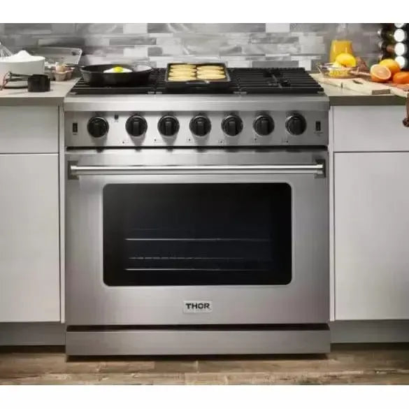 Thor Kitchen Package - 36 in. Propane Gas Range, Range Hood, Refrigerator with Water and Ice Dispenser, Dishwasher - The Home Selection