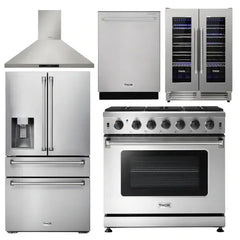 Thor Kitchen Package - 36 in. Propane Gas Range, Range Hood, Refrigerator with Water and Ice Dispenser, Dishwasher, Wine Cooler - The Home Selection