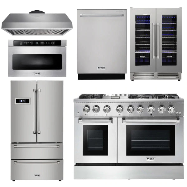 Thor Kitchen Package - 48 in. Dual Fuel Range, Range Hood, Refrigerator, Dishwasher, Microwave Drawer, Wine Cooler - The Home Selection