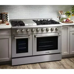 Thor Kitchen Package - 48 In. Dual Fuel Range, Range Hood, Refrigerator with Water and Ice Dispenser, Dishwasher, Microwave Drawer, Wine Cooler - The Home Selection