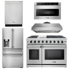 Thor Kitchen Package - 48 in. Gas Range, Range Hood, Dishwasher, Refrigerator with Water and Ice Dispenser, Microwave Drawer - The Home Selection