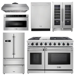 Thor Kitchen Package - 48 in. Gas Range, Range Hood, Refrigerator, Dishwasher, Wine Cooler, Microwave - The Home Selection