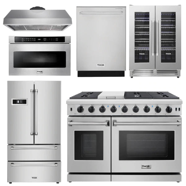Thor Kitchen Package - 48 in. Gas Range, Range Hood, Refrigerator, Dishwasher, Wine Cooler, Microwave - The Home Selection