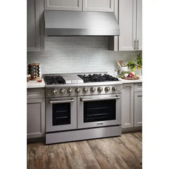 Thor Kitchen Package - 48 In. Propane Gas Burner, Electric Oven Range, Range Hood, Refrigerator, Microwave Drawer, Wine Cooler - The Home Selection